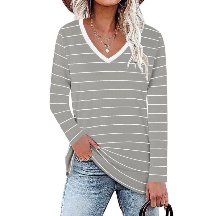 2021 Spring and Autumn T-Shirt Women Fashion Casual Loose V-Neck Stripe Cotton Long Sleeve Tops Plus Size Pullover Tee