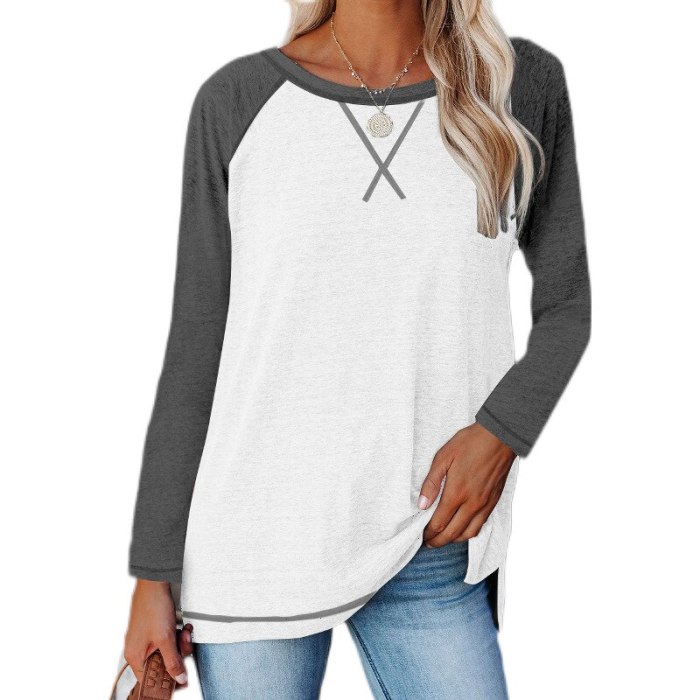 2021 autumn and winter new European and American women's round neck long-sleeved contrast T-shirt top shirt women sexy