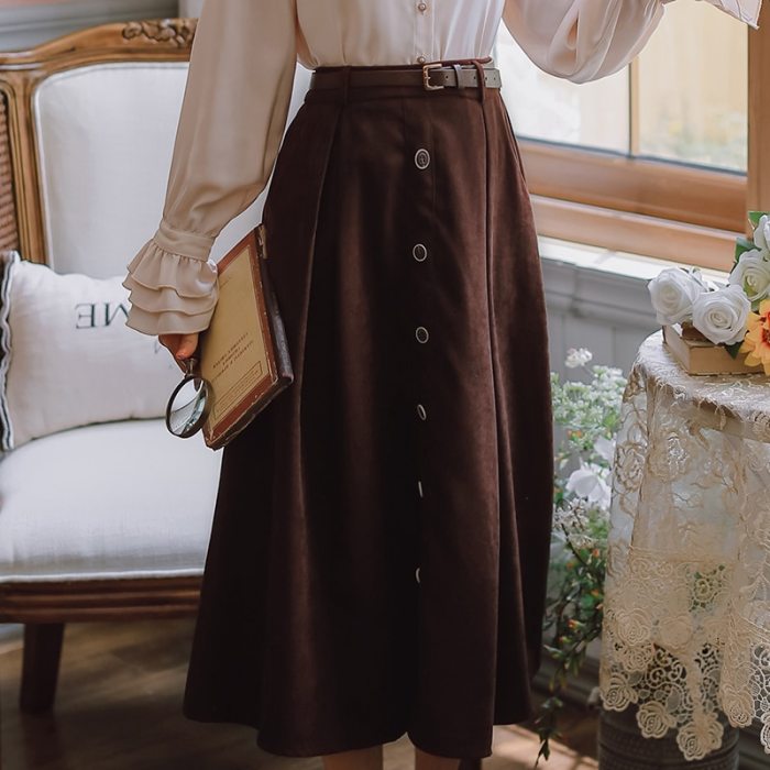 Japan Style Sweet Women's Skirt Winter Casual Elastic Waist Single Breasted A-Line Pleated Skirt With Belt Black Brown