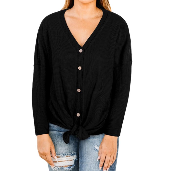 Women's Off Shoulder Tops Long Sleeve Button Down Tie Knot Front Waffle Knit Shirts