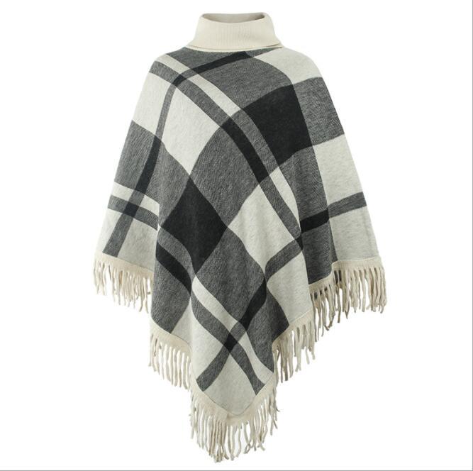 Boho Chic Shawl Women Turtleneck Sweater Knit Plaid Pullover Scarf Wrap Poncho Tassel High Neck Winter Lady Outfit Accessories