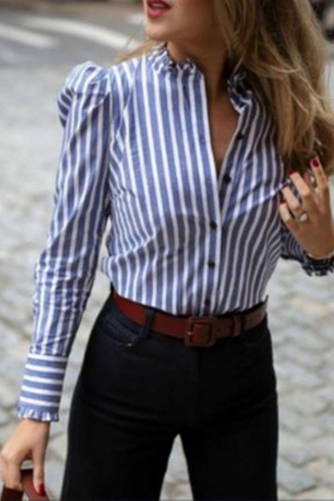 Women's shirt 2021 Women stripe Long Sleeve blouse Ray Puff Sleeve Ladies Workwear Ruffle Hem Casual Blouse Elegant Small Top