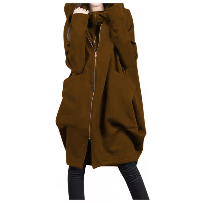 Solid Plus Size Hoodies Women Full Zip Warm Pocket Hoodie Street Wear Ladies Pullovers Long Hooded Jacket Coat Top Sweatshirt
