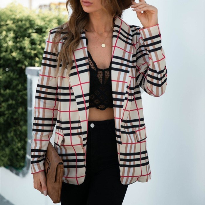 Autumn Women Blazer Notched Collar Long Sleeve Plus Size Office Ladies Blazers And Jackets Plaid Casual Female Suits Coat