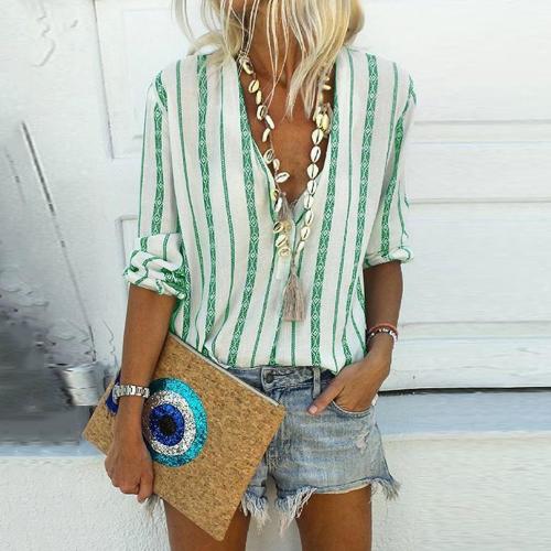 Casual V-neck Striped Loose Long-sleeved Shirt