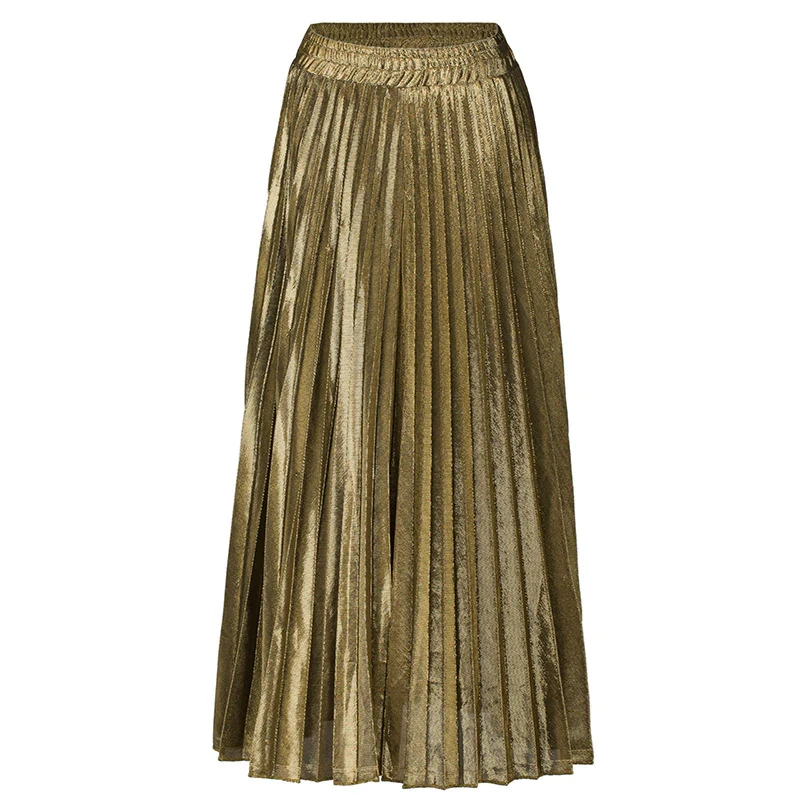 2021 New autumn fashion women clothes high waist A-line pleated sliver vintage elastic long halfbody skirt