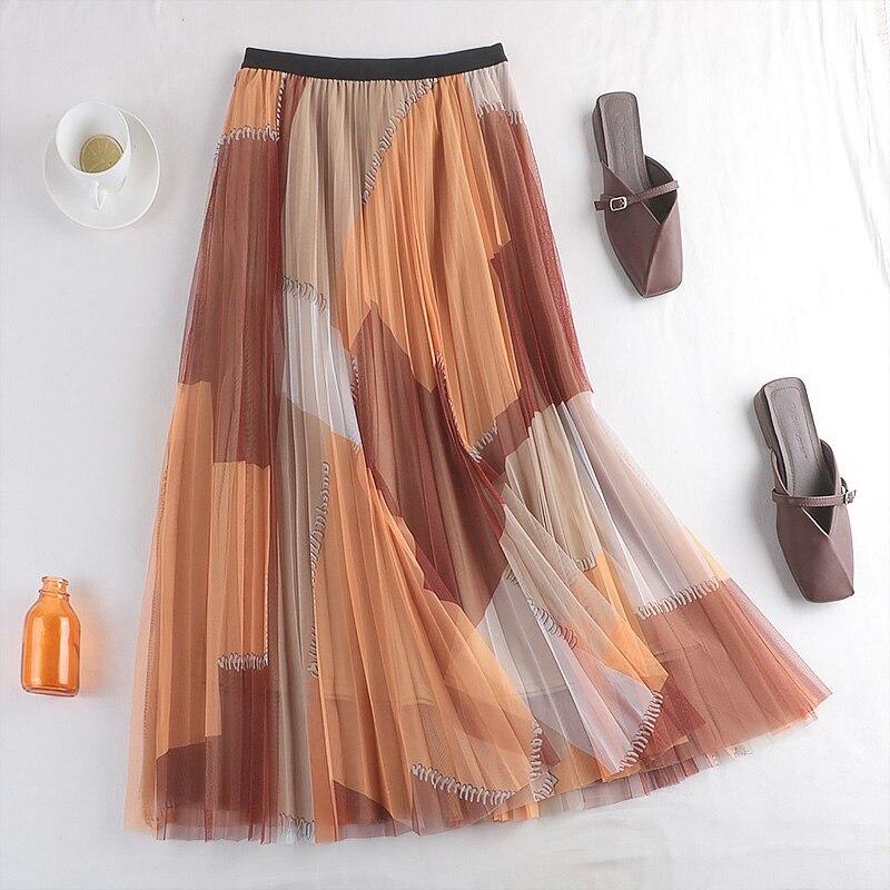 Spring New Big Swing Skirt High Waist Thin Double-Layer Mesh Skirt Female Mid-Length A-Line Pleated Skirt 767