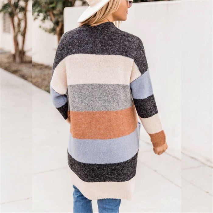 Women Knitted Cardigan Sweater Striped Knitting Long Cardigan Big Pocket Plus Size Winter Warm Streetwear Robe