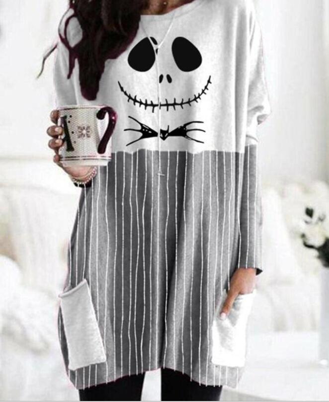 New autumn and winter Halloween fashion ladies cartoon print round neck long sleeve T-shirt stitching pocket ladies dress