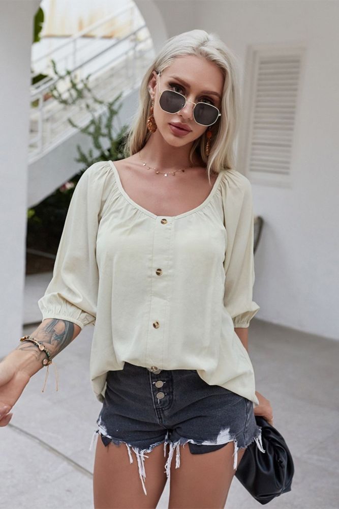 Women Spring Summer Shirts Casual Solid O-neck Buttoms Mid-long Sleeve Shirts Female Loose Tops