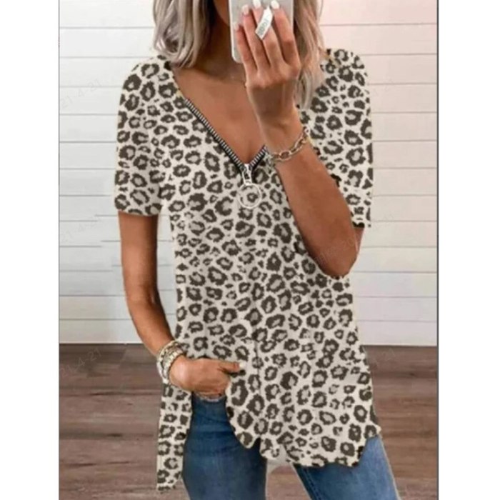 Leopard Tshirts Women Summer Fashion Short Sleeve Zipper V-neck Loose Large Size Casual Tees woman