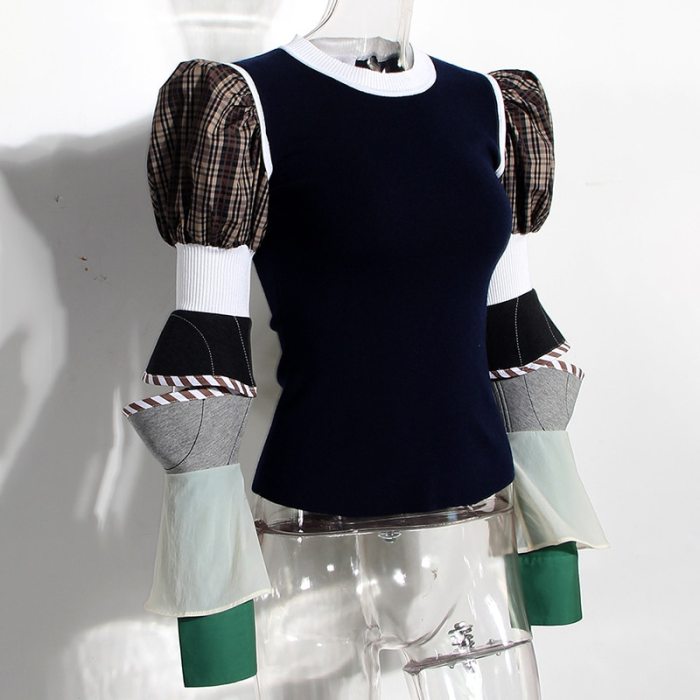 Casual Patchwork Plaid Knitted Tops Puff Sleeve Sweater