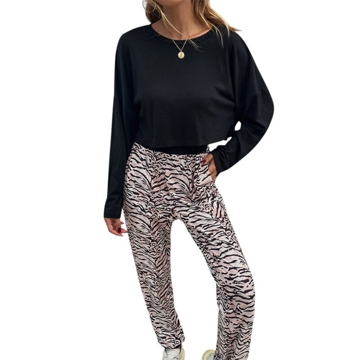2 Pieces Women's Set Long Sleeve T-shirt + Leopard Pants High Street Girls Outwear Casual Women Pajama Suits