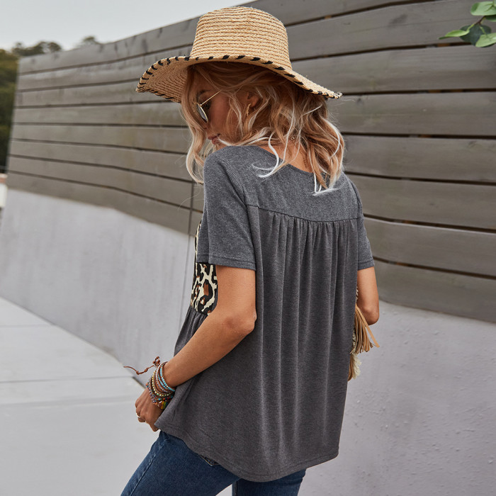 Summer Leopard Printing Fashion Patchwork T-shirts Casual Office Lady All-match Women Clothes Dark Gray O-Neck Short Sleeve Tops