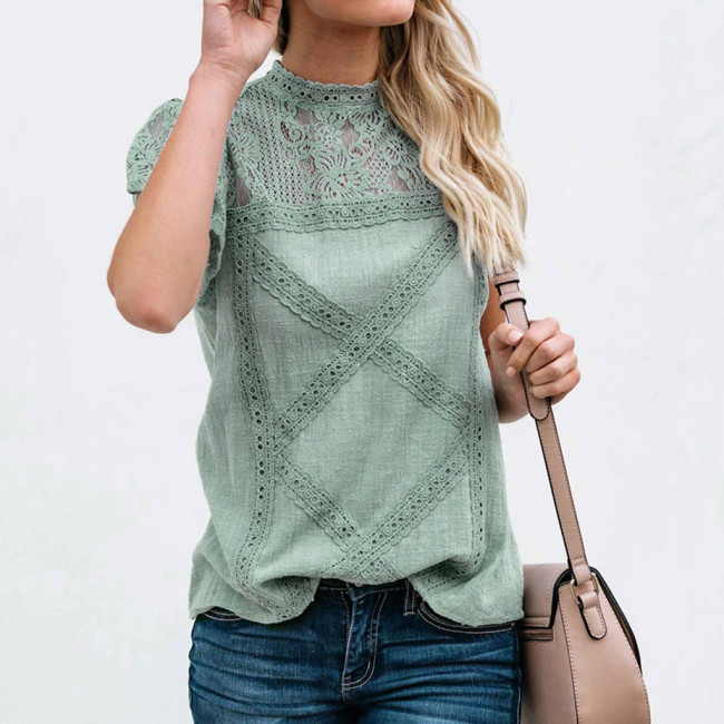 Solid Short Sleeve Lace Top