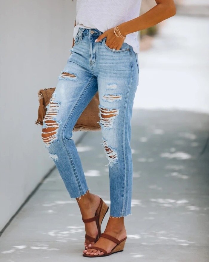 Women Casual Fashion Long Pants Buttons Pocket Frayed By Hand Wash and Make Old Hole Slim Streetwear High Waist New Summer 2021