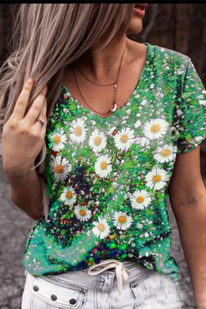 2021 Summer Daisy Print Multicolor V-neck Short-sleeved Fashion Women's T-shirt Loose Casual Style Women's Tops Plus Size S-5XL