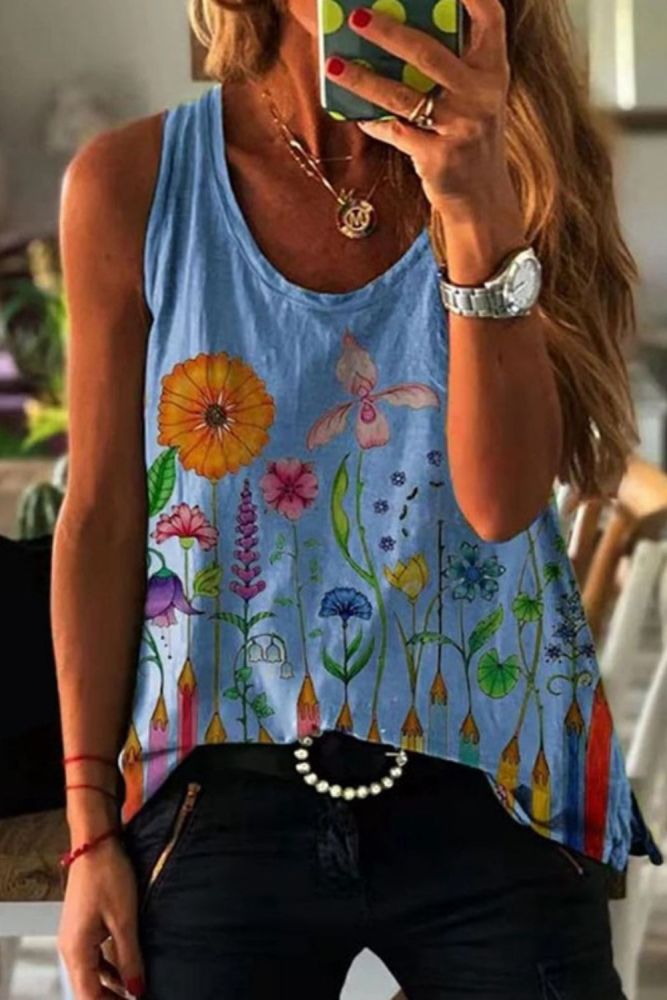 2021 Summer Women's Printed Vest Tops Casual Loose Fashion T-shirt Sleeveless V-neck Cool Tank Tops