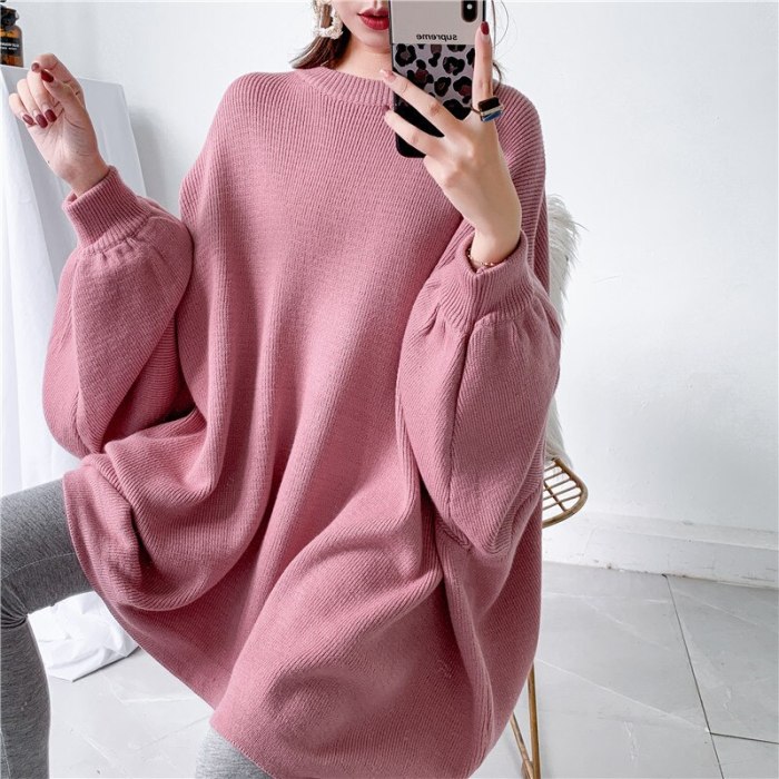Solid Color Round Neck Pullover Bat Sleeve Long Knit Sweater