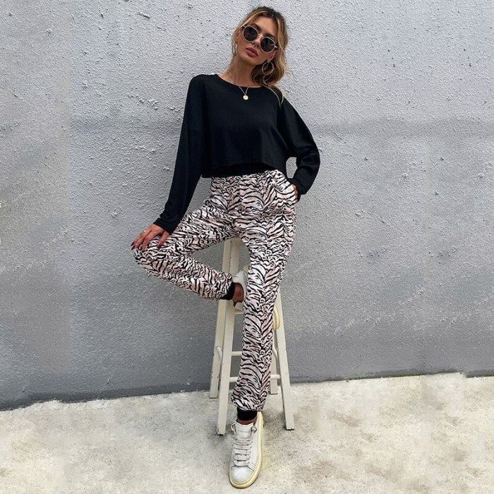 2 Pieces Women's Set Long Sleeve T-shirt + Leopard Pants High Street Girls Outwear Casual Women Pajama Suits