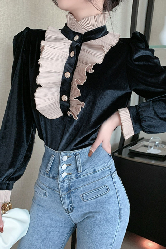 Ruffled Puff Sleeve Chic Velvet Blouse Top