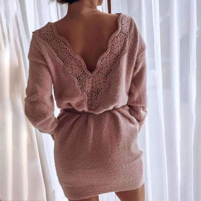 Casual Round Neck Long Sleeve Pure Color Dress