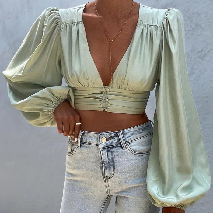 Fashion Sexy Blouses Women 2021 Summer New Solid Color Long-sleeved Deep V Short Top Temperament Women Shirts