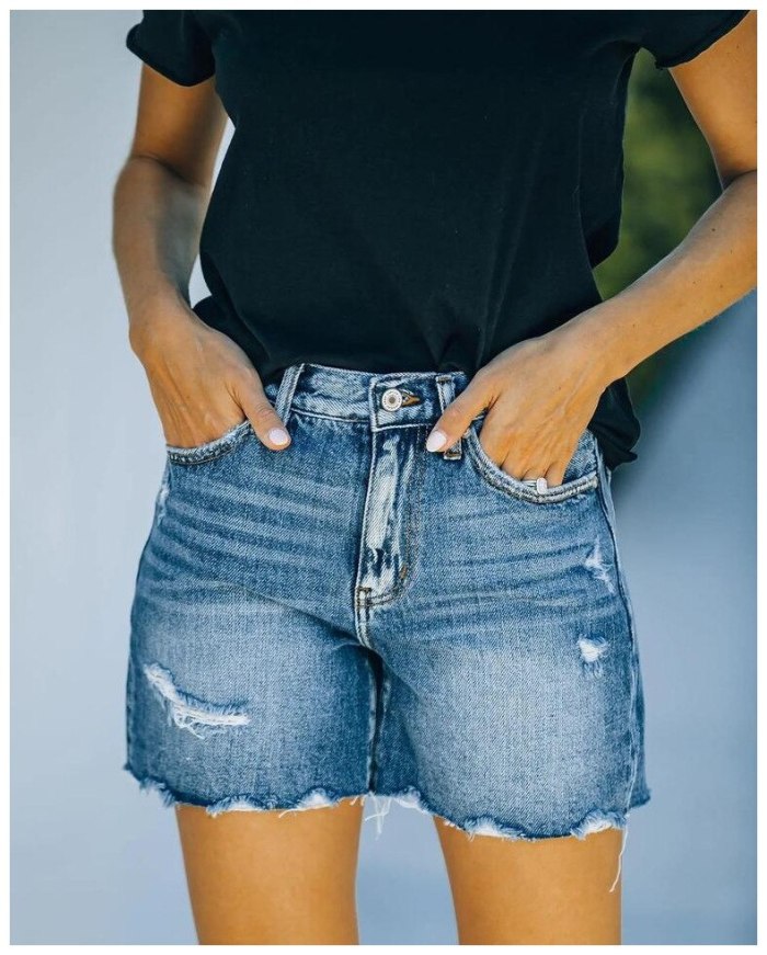 2021 New Summer Women Casual Light Blue Hole Jeans Denim Shorts Feminino