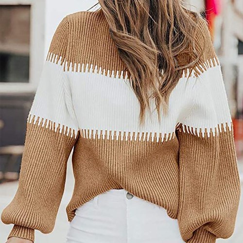 Autumn Lantern Sleeve Hit Color Knitted Women's Sweater Patchwork Turtleneck Long Ribbed Lady Pullover Female Streetwear Sweater