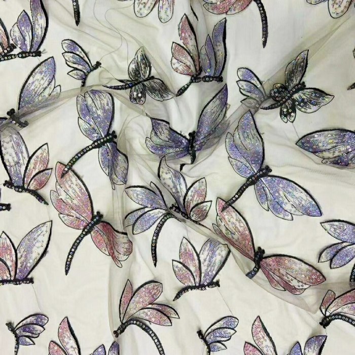 New embroidered dragonfly sequin fabric mesh children's dress show dress curtain lace cloth clothing X0618