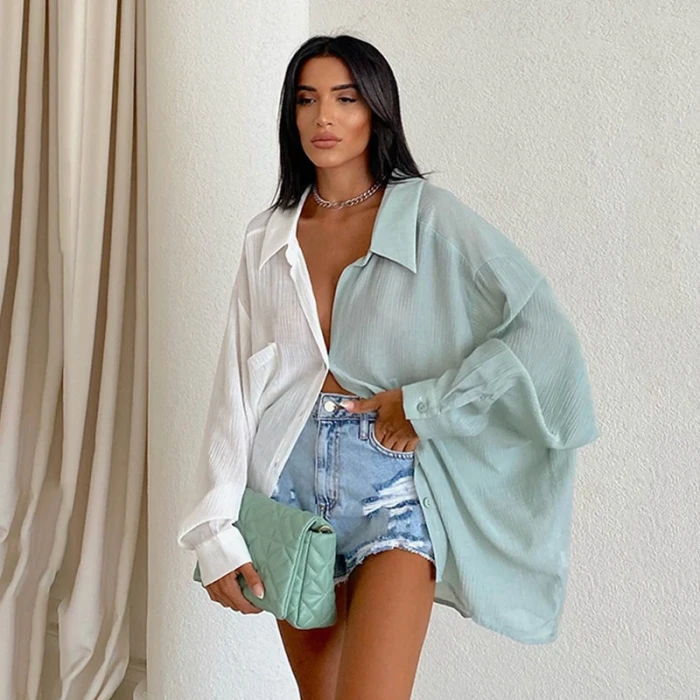 Fashion Solid Patchwork Women Blouses Casual Turn-down Collar Single Breasted Shirt Elegant Long Sleeve Autumn Loose Shirt Blusa