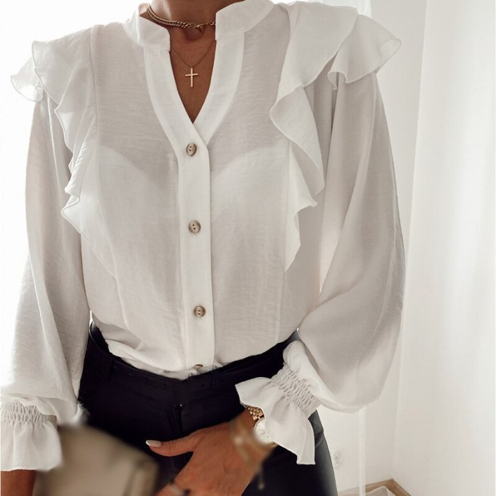 Casual Leopard Dot Print Ruffle  Long Sleeve Elegant Office Lady V-Neck Button Blouse Shirt