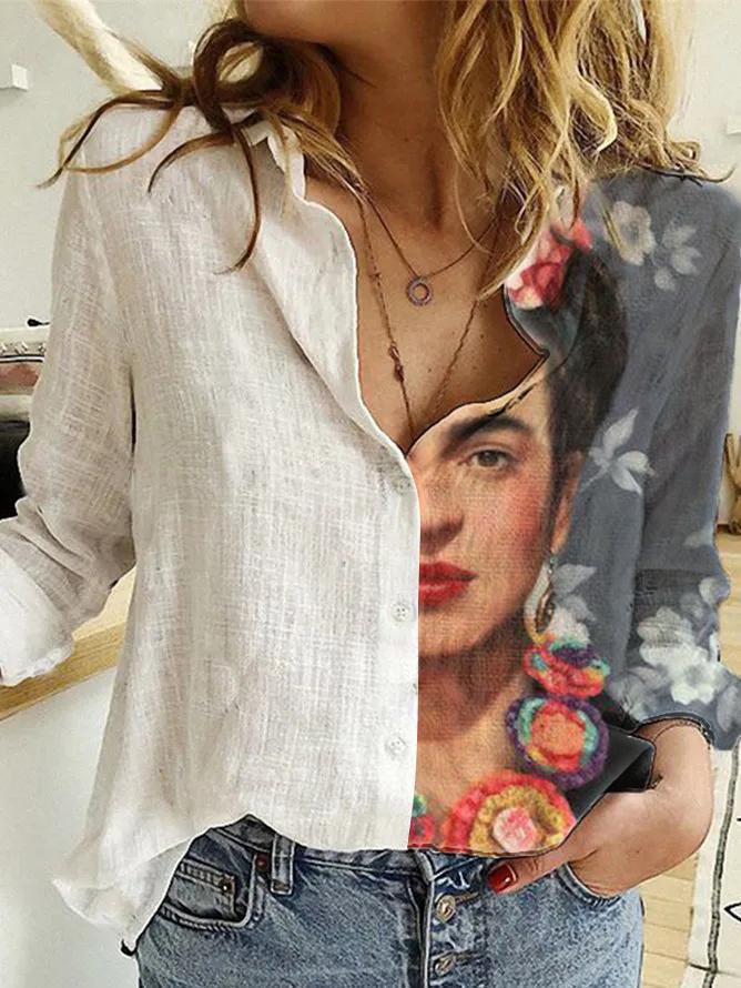 5XL Fashion Face Print Letter Shirt Autumn Women's Lapel Long Sleeve Office Blouse Elegant Ladies Plus Size Tops 3D Portrait New