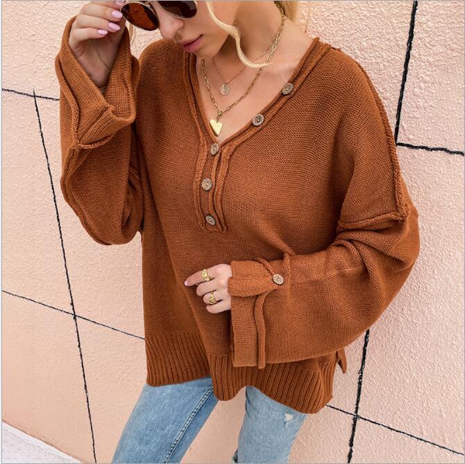 Square Armhole Button V-neck Sweater Women Long Sleeve Loose Pullovers Women's