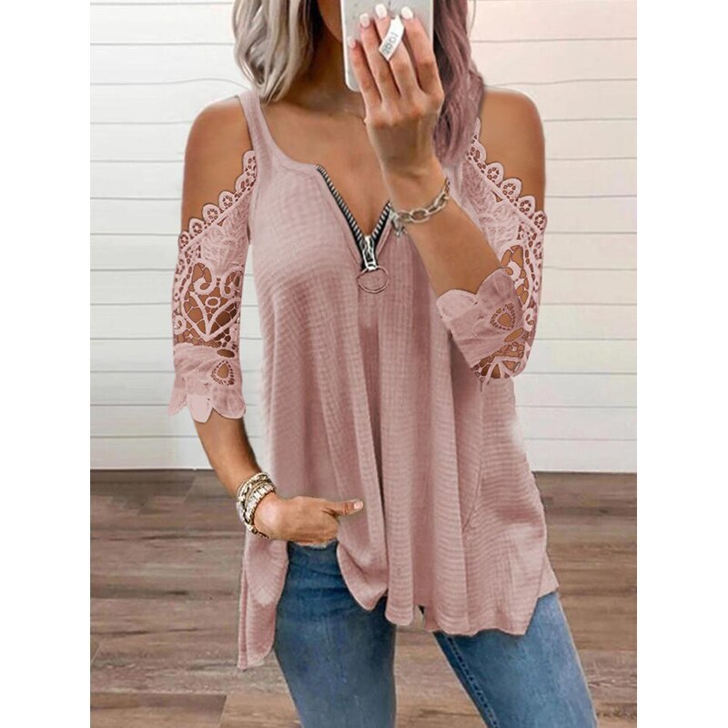 Sexy Summer Half Sleeve Lace Shirt Women Casual Zipper V Neck Loose T Shirt Plus Size Hollow Out Sling Elegant Pullover Tops