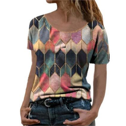 Blouses Vintage Fashion Shirt Women Elegant Round-Neck Patchwork Retro Print Short Sleeves Shirt Warm Shirt Blouse Tops