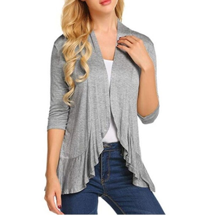 Women Thin Cardigan In Jersey Open Stitch Jacket Spring Autumn Office Lady Coverup