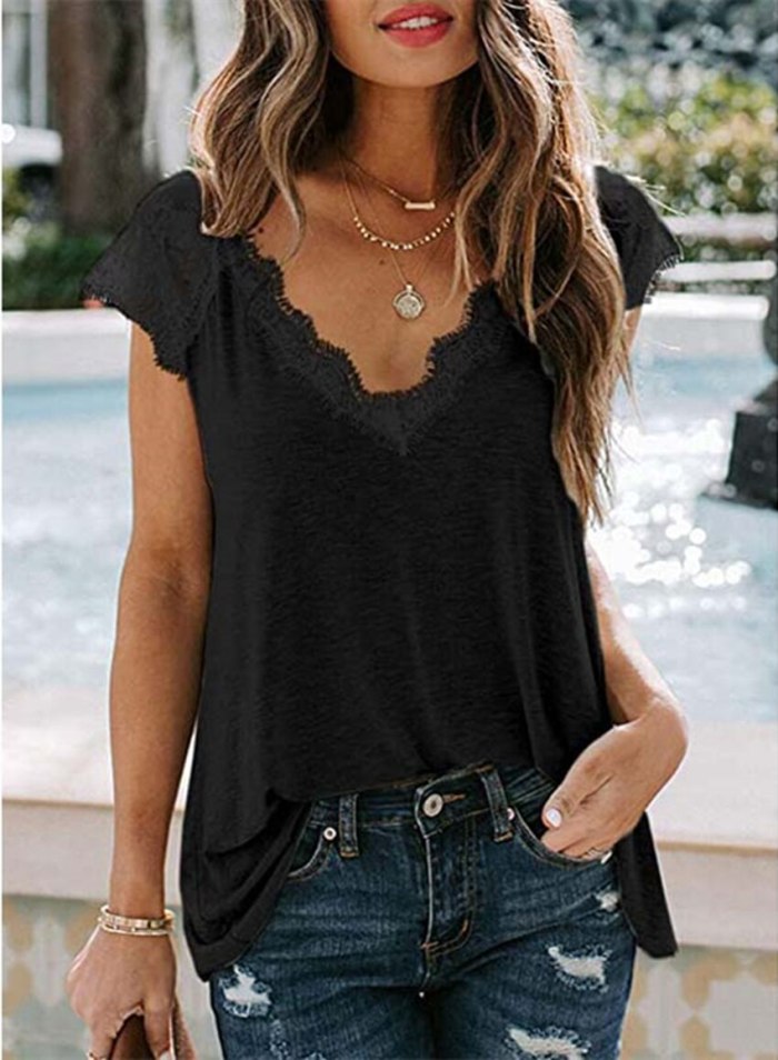 Lace Tank Top Women V-neck Sleeveless Tee 2021 Summer Loose Vest Casual Soft Tanks Sexy V Neck Tee For Women Lace Top Lady wear