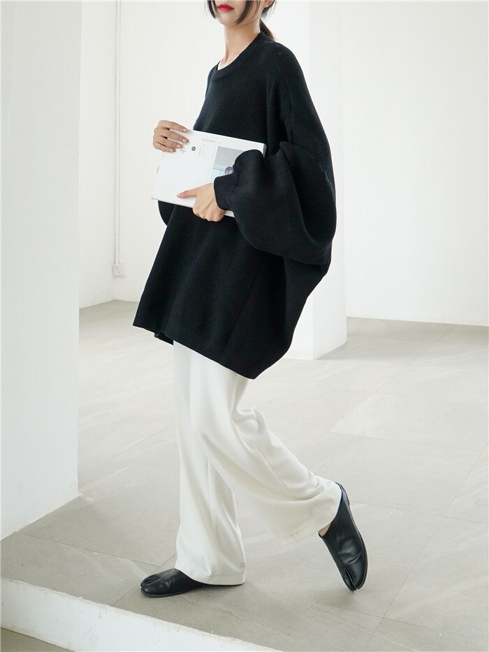 Solid Color Round Neck Pullover Bat Sleeve Long Knit Sweater
