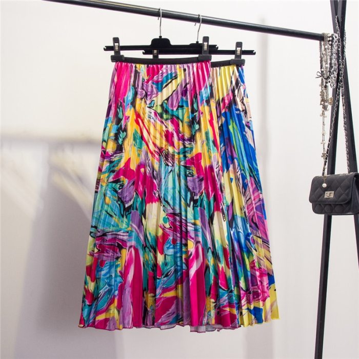 2021 New Printing High Waist Pleated Skirt Women Spring Summer Midi Skirts Womens Elastic Waist A Line Long Skirts For Women Rok