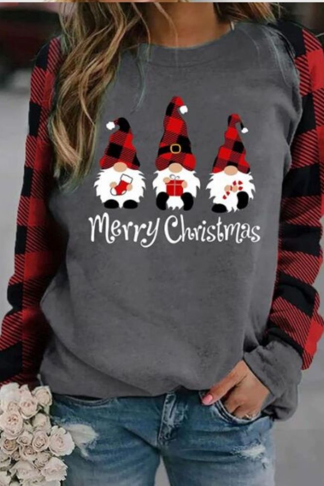 Womens Christmas Sweater Top Long Sleeve Lattice Stitching O-Neck Pullover Santa Claus Print Sweatshirt Blouse