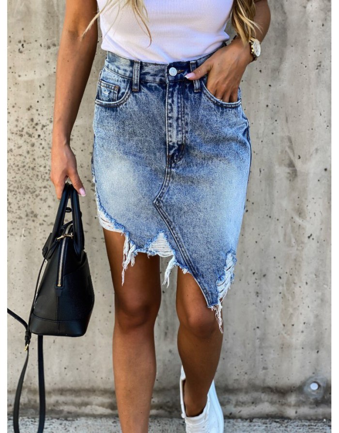 Hot sale summer woman denim skirt trendy irregular Ripped jeans skirt sexy slim Pack hips mini skirt S-XL