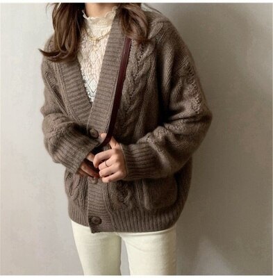 Knitted Cardigan Coat For Women Twisted Jumpers 2021 Korean Style Loose Retro Lazy Tops V Neck Thick Outer Wear Sweater