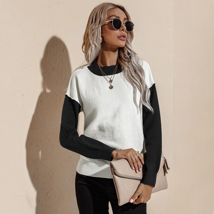 Women Sweater Autumn 2021 Long Sleeve Pullovers Loose Style Contrast Patchwork Color Winter Fashion Casual Knitted Outwear