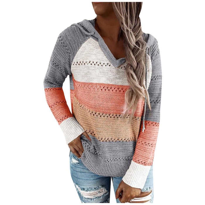 Women patchwork Hooded sweater V Neck Leopard Knitted Sweater