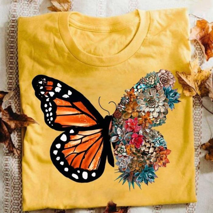 Butterfly Printed Funny Short Sleeve Round Neck Summer T-shirt Top