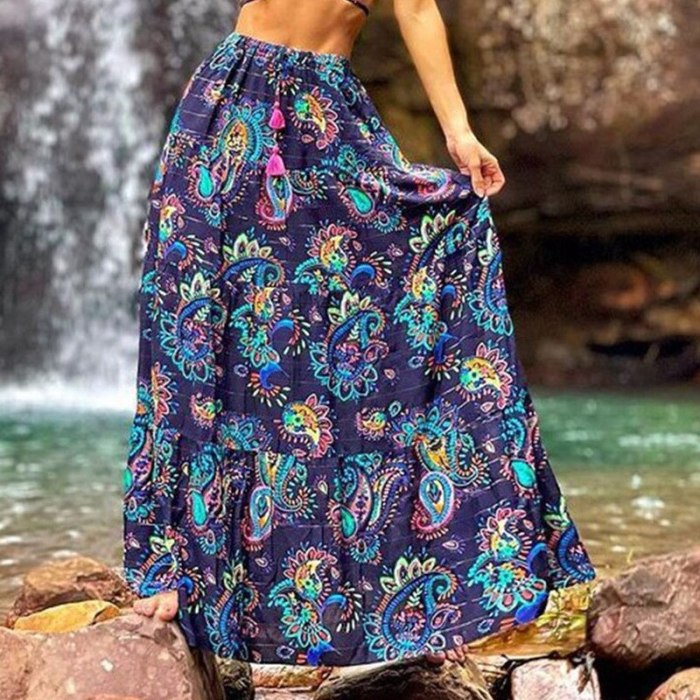Bohemian Style Women Summer Skirts for Holiday Shrinkage Design Elastic High Waist Flower Print Slim Long Skirts
