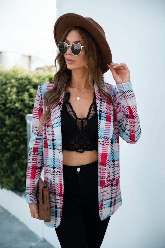 Autumn Women Blazer Notched Collar Long Sleeve Plus Size Office Ladies Blazers And Jackets Plaid Casual Female Suits Coat