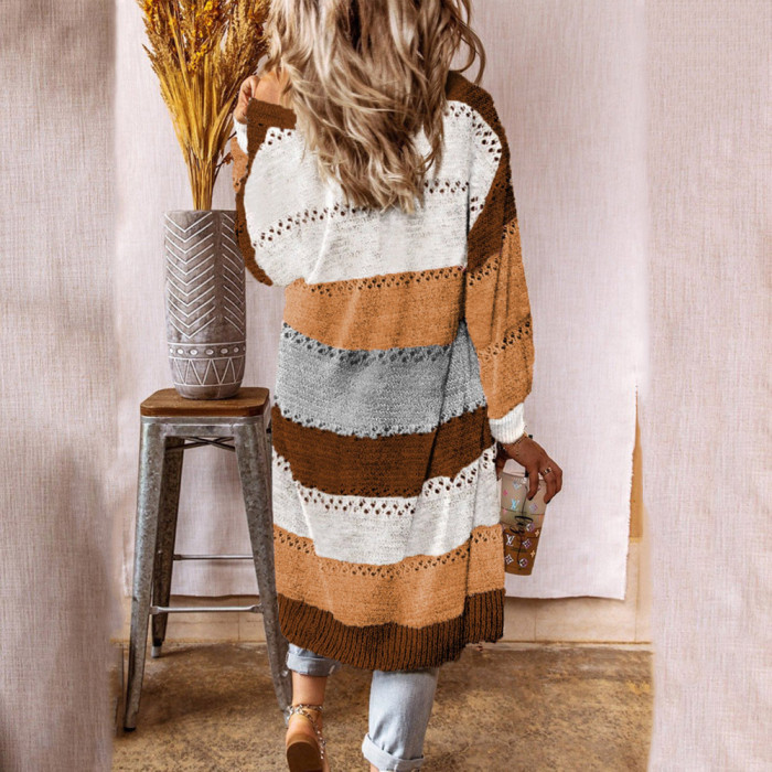 Women Cardigan Comfy Stylish Stitching Long Sleeve Striped Patchwork Sweater Female Casual Long Cardigan Autumn Winter Tops