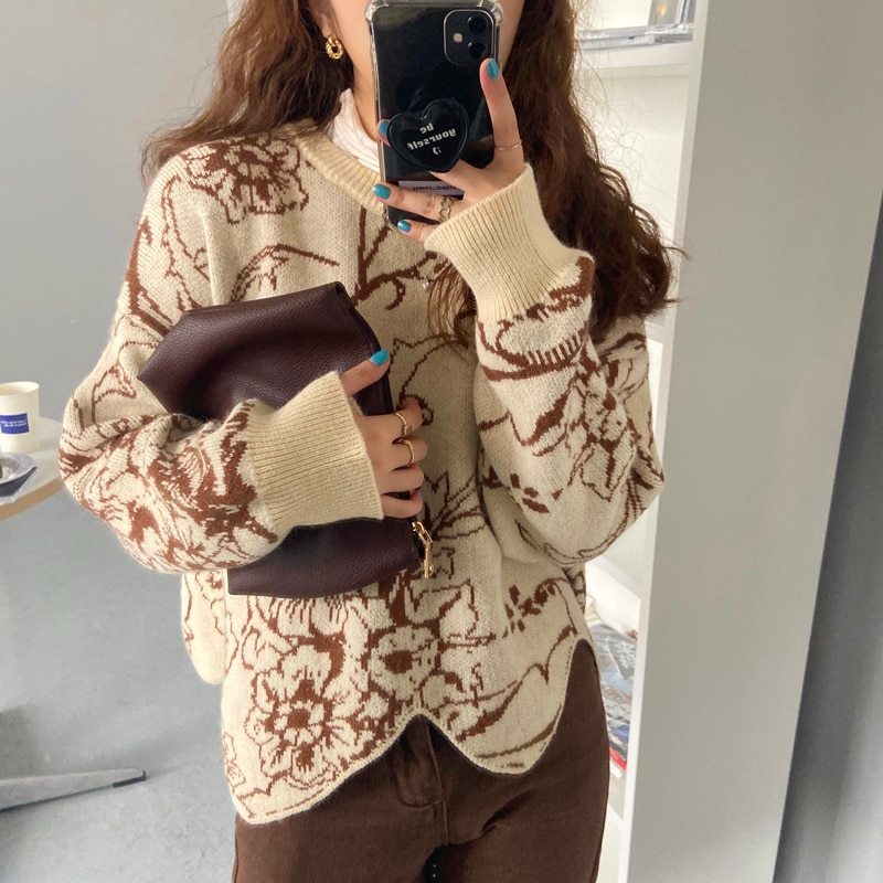 Women Irregular O-Neck Knitwear Floral Printing Sweater